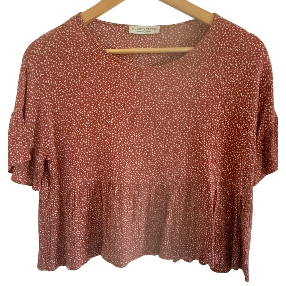 Papercrane Womens‎ Rust Red Babydoll Blouse S Prairie Cottagecore Flowy Ruffle